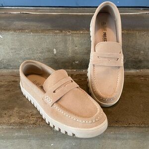 Women's Suede Lug Sole Penny Loafers in Light Beige